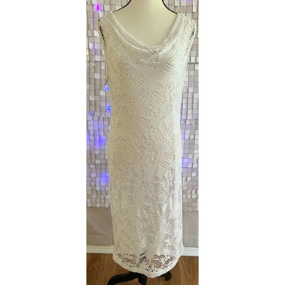 NWT Joseph Ribkoff white lace shift dress with draped neck. Size 10.